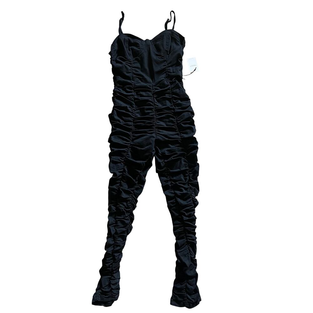 Forever 21 Ruched Jumpsuit Small Black Bustier Sweetheart Ankle Woven Cotton New - Picture 4 of 10